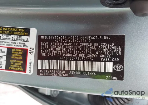 2011 Toyota Camry Le from USA, damaged, VIN 4T1BF3EK7BU693157